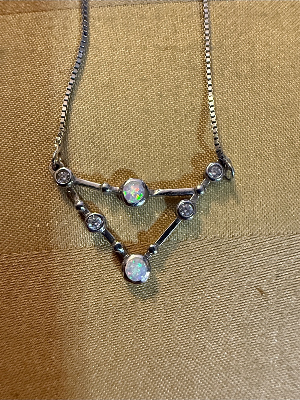 Sterling Silver Opal & Cubic Zirconia V-Style Necklace - White Opal